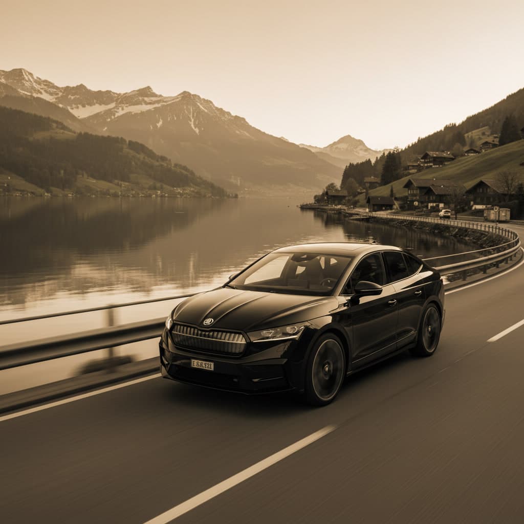 Cablane Škoda Enyaq RS Coupé on a Swiss lakeside road