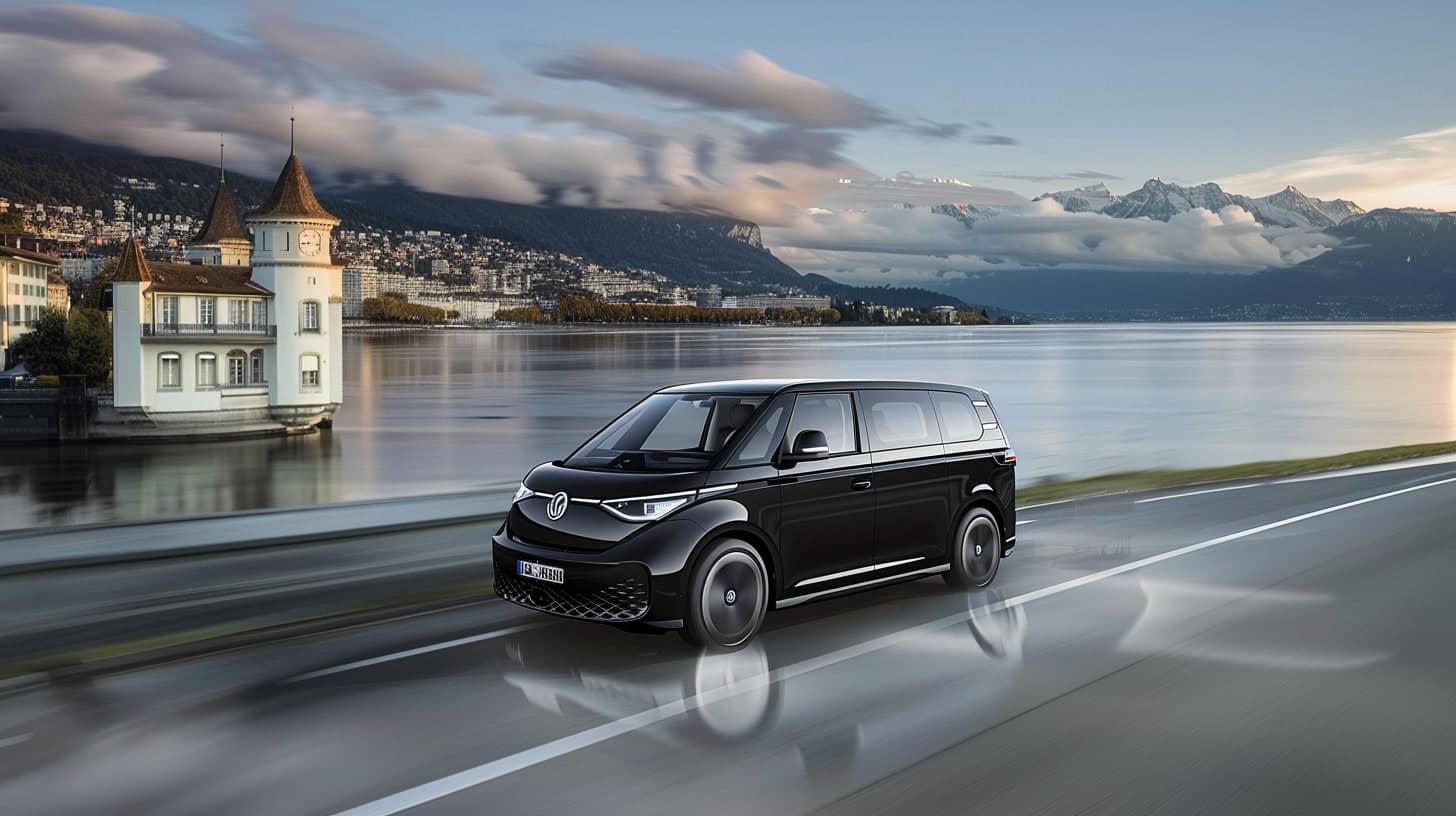 Cablane VW ID. Buzz on a Swiss lakeside road